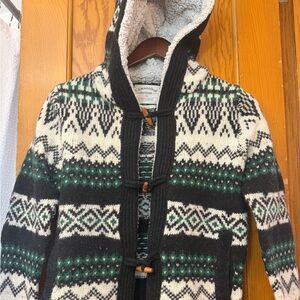 VTG Cambridge Dry Goods Hooded Lambswool Cardigan Toggle Fur Trim (Fits like a S